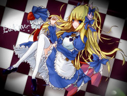 Rule 34 | 1girl, alice (monster girl encyclopedia), artistic error, bad id, bad pixiv id, blonde hair, blue eyes, blush, bow, buttons, cream, demon girl, dress, horns, long hair, monster girl, monster girl encyclopedia, pointy ears, shoes, single shoe, smile, solo, sud (sudea), tail, text focus, thighhighs