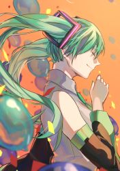 Rule 34 | balloon, bare shoulders, detached sleeves, closed eyes, from side, green hair, green nails, green neckwear, hatsune miku, highres, hikari50503, light smile, long hair, nail polish, nape, necktie, orange background, twintails, vocaloid