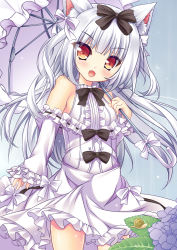 Rule 34 | 1girl, :d, animal ear fluff, animal ears, azur lane, bad id, bad pixiv id, bare shoulders, black bow, blush, bow, breasts, cat ears, center frills, dress, fang, fingernails, flower, frilled dress, frilled umbrella, frills, hair between eyes, hair bow, hand up, highres, holding, holding umbrella, hydrangea, leaf, long hair, long sleeves, looking at viewer, medium breasts, moyasi06 25, off-shoulder dress, off shoulder, open mouth, rain, red eyes, silver hair, sleeves past wrists, smile, snail, solo, two side up, umbrella, v-shaped eyebrows, very long hair, white bow, white dress, white flower, white umbrella, yukikaze (azur lane), yukikaze (sovereign of the swing) (azur lane)