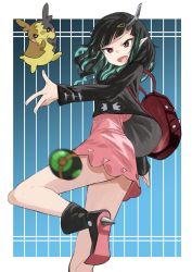 Rule 34 | 1girl, ankle boots, backpack, bag, black footwear, black hair, black jacket, blue hair, blush, boots, commentary request, cosplay, creatures (company), demon girl, demon horns, dress, fang, foot out of frame, game freak, gen 8 pokemon, hair ornament, hairclip, highres, horns, jacket, long sleeves, looking at viewer, marnie (pokemon), marnie (pokemon) (cosplay), medium hair, megame (okbnkn), morpeko, motion blur, multicolored hair, nanashi inc., nintendo, open mouth, pink dress, pointy ears, poke ball, pokemon, pokemon swsh, red bag, red eyes, shishio chris, sugar lyric, throwing, two-tone hair, virtual youtuber