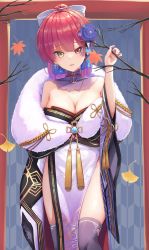 Rule 34 | 1girl, absurdres, anchor symbol, bow, branch, breasts, cleavage, collar, detached collar, hair bow, hair ornament, heterochromia, highres, hololive, hololive fantasy, houshou marine, izu (tea value lord), japanese clothes, kneehighs, large breasts, leaf, off shoulder, pelvic curtain, ponytail, red eyes, red hair, socks, solo, virtual youtuber, yellow eyes