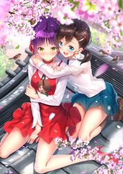 Rule 34 | 2girls, arm at side, blue eyes, blue skirt, blush, bow, breasts, brown hair, choker, commentary request, dress, full body, gegege no kitarou, hair bow, hair ornament, hairclip, highres, holding own arm, inuyama mana, long sleeves, looking at viewer, medium breasts, multiple girls, nekomusume, nekomusume (gegege no kitarou 6), open mouth, pointy ears, purple hair, red bow, red choker, red dress, shirt, short hair, sitting, skirt, standing, swordsouls, white shirt, yellow eyes