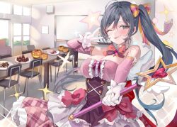 Rule 34 | 1girl, ahoge, black hair, bow, bowtie, breasts, cleavage, closed mouth, collar, detached collar, detached sleeves, dress, frilled dress, frills, gloves, hair between eyes, hair bow, holding, holding stick, indoors, large breasts, long hair, long sleeves, looking at viewer, magical girl, momoko (momopoco), novel illustration, official art, one eye closed, side ponytail, smile, sparkle, stick, striped, striped bow, suou yuki, tokidoki bosotto roshia-go de dereru tonari no arya-san, tongue, tongue out, v, white collar, white gloves