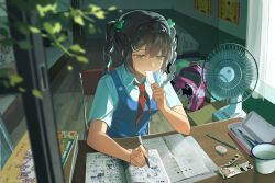 Rule 34 | 1girl, absurdres, backpack, bag, black hair, blue vest, book, book stack, braid, chair, collared shirt, commentary request, cup, curtains, disney, electric fan, eraser, fengtu ad, food in mouth, frog hair ornament, green eyes, hair ornament, highres, holding, holding pen, indoors, long hair, minnie mouse, monitor, neckerchief, open bag, open book, original, paper, pen, pencil, pencil case, pink bag, popsicle, popsicle in mouth, red neckerchief, school uniform, shirt, short sleeves, sitting, solo, studying, twin braids, vest, water, white shirt, window