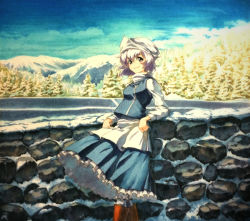 Rule 34 | 1girl, arm rest, arm support, blue sky, boots, brown eyes, cloud, forest, frilled skirt, frills, hat, knee boots, leaning back, letty whiterock, long sleeves, looking at viewer, marker (medium), millipen (medium), mixed media, mountain, nature, outdoors, shiratama (hockey), short hair, silver hair, skirt, skirt hold, sky, smile, snow, solo, stone wall, touhou, traditional media, vest, wall