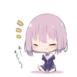 Rule 34 | 10s, 1girl, beni shake, black skirt, blush, bow, chibi, closed eyes, commentary request, crossed ankles, facing viewer, full body, gridman universe, grin, jacket, long sleeves, miniskirt, notice lines, off shoulder, pleated skirt, purple bow, purple jacket, shinjou akane, shirt, sitting, skirt, smile, solo, ssss.gridman, translation request, v-shaped eyebrows, white background, white shirt