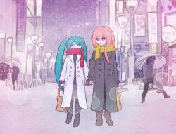 Rule 34 | 2girls, aqua hair, bag, blush, boots, christmas, closed eyes, hatsune miku, highres, holding hands, megurine luka, multiple girls, pink hair, red scarf, road, scarf, smile, snow, street, twintails, user pwyk5374, vocaloid, yellow scarf, yuri