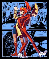 Rule 34 | 1boy, 1girl, back-to-back, blonde hair, blue dress, dress, finger gun, formal, ghost trick, hands in pockets, hands up, highres, jacket, leaning on person, lynne (ghost trick), necktie, pants, red hair, red pants, red suit, short dress, sissel (ghost trick), suit, sunglasses, white footwear, yellow jacket