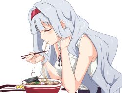 Rule 34 | 1girl, blunt bangs, breasts, chopsticks, closed eyes, eating, food, grey hair, hair intakes, hairband, hand in own hair, highres, holding, holding chopsticks, idolmaster, idolmaster (classic), idolmaster million live!, ito (itokayu), large breasts, light blush, long hair, noodles, profile, ramen, shijou takane, shirt, simple background, sleeveless, sleeveless shirt, solo, upper body, white background