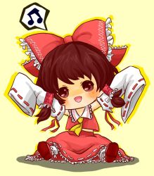 Rule 34 | 1girl, bow, brown hair, chibi, detached sleeves, f (350-0214), f (artist), female focus, full body, hair bow, hakurei reimu, head tilt, japanese clothes, miko, musical note, nontraditional miko, red bow, red skirt, short hair, simple background, skirt, smile, solo, spoken musical note, tagme, touhou, white legwear, white sleeves, yellow background