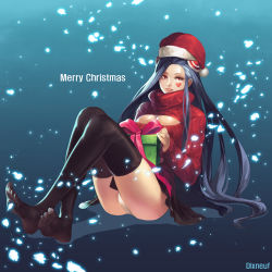 Rule 34 | 1girl, artist name, black thighhighs, box, breasts, cleavage, dixneuf, feet, gift, gift box, hat, heart, heart tattoo, irelia, large breasts, league of legends, legs, long hair, meme attire, open-chest sweater, panties, red eyes, ribbed sweater, santa hat, solo, sweater, tattoo, thighhighs, thighs, turtleneck, underwear, very long hair, white panties, white thighhighs