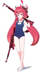 Rule 34 | 1girl, alternate costume, assault rifle, barefoot, blue archive, blush, character name, closed mouth, collarbone, demon horns, demon wings, dual wielding, facing viewer, flat chest, full body, gun, halo, highres, holding, holding gun, holding weapon, horns, junko (blue archive), long hair, looking away, looking down, nanju bami, pink eyes, pointy ears, red hair, rifle, school swimsuit, shadow, simple background, sleeveless, solo, standing, stg44, swimsuit, thighs, twintails, very long hair, weapon, white background, wings