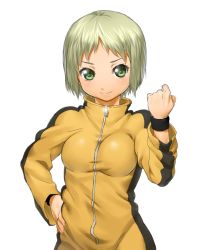 Rule 34 | 10s, 1girl, blush, breasts, bruce lee&#039;s jumpsuit, clenched hand, face, female focus, green eyes, green hair, hand on own hip, hip focus, huang baoling, matching hair/eyes, medium breasts, onsoku inu, short hair, simple background, smile, solo, tiger &amp; bunny, white background, wristband
