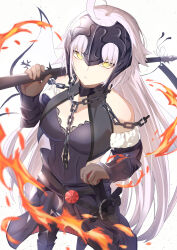 Rule 34 | 1girl, armor, bare shoulders, black gloves, breasts, chain, cleavage, clothing cutout, elbow gloves, fate/grand order, fate (series), fire, flag, fur trim, gauntlets, gloves, headpiece, highres, jeanne d&#039;arc alter (avenger) (fate), jeanne d&#039;arc alter (avenger) (third ascension) (fate), jeanne d&#039;arc alter (fate), large breasts, long hair, looking at viewer, solo, sword, umi endu, very long hair, weapon, yellow eyes