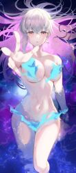 Rule 34 | 1girl, blue fire, breasts, convenient censoring, earrings, fate/grand order, fate (series), fire, grey hair, jewelry, kama (fate), large breasts, long hair, matcha7611, navel, nude, reaching, reaching towards viewer, red eyes, space, starry hair, water