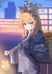 Rule 34 | 1girl, absurdres, alternate costume, animal ears, blue archive, blue eyes, flower, fox ears, hair flower, hair ornament, halo, highres, holding, holding fireworks, japanese clothes, kimono, looking at viewer, mangotonic, mari (blue archive), orange hair, solo