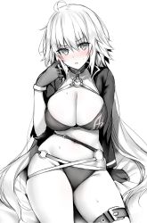 Rule 34 | 1girl, ahoge, arm support, belt, bikini, blue gk, blush, breasts, bursting breasts, choker, cleavage, commentary request, deep skin, fate/grand order, fate (series), gloves, greyscale, groin, hair between eyes, highres, jacket, jeanne d&#039;arc alter (swimsuit berserker) (fate), jeanne d&#039;arc (fate), jeanne d&#039;arc alter (fate), jeanne d&#039;arc alter (swimsuit berserker) (fate), large breasts, long hair, looking at viewer, monochrome, o-ring, o-ring bikini, o-ring top, open mouth, playing with own hair, shrug (clothing), simple background, sitting, solo, sweat, swimsuit, very long hair
