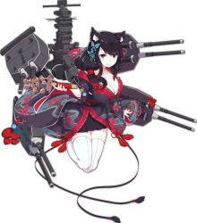 Rule 34 | 1girl, animal ears, azur lane, bell, black hair, black kimono, blue eyes, bow, breasts, butterfly hair ornament, cat ears, cleavage, collarbone, full body, fusou (azur lane), hair bow, hair ornament, holding, japanese clothes, jingle bell, kimono, large breasts, long hair, looking at viewer, low ponytail, machinery, obi, official art, open mouth, rain lan, ribbon-trimmed clothes, ribbon trim, sash, side ponytail, solo, swept bangs, tassel, thighhighs, transparent background, turret, white thighhighs, wide sleeves, zettai ryouiki