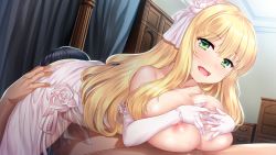 Rule 34 | 1girl, 69, ass, blonde hair, blush, breasts squeezed together, breast suppress, breasts, breasts out, censored, clothed female nude male, cunnilingus, dress, elbow gloves, fangs, flower, game cg, gloves, green eyes, hair flower, hair ornament, huge breasts, indoors, legs, lingerie, long hair, looking at viewer, loretta magnamia, lying, lying on person, mosaic censoring, nipples, nude, on stomach, open mouth, oral, original, paizuri, paizuri fiancee, penis, rose, see-through, solo focus, sweat, thighs, underwear, uni8, wedding dress, white gloves