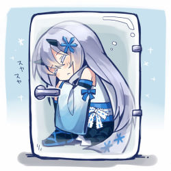 Rule 34 | 1girl, :&lt;, bad id, bad pixiv id, chroma000, chroma (chroma000), detached sleeves, closed eyes, female focus, frilled skirt, frills, hair ornament, horns, in container, in refrigerator, long hair, original, refrigerator, scarf, see-through, silver hair, sitting, sketch, skirt, sleeping, snowflake hair ornament, solo