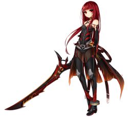 Rule 34 | 1girl, bad id, bad pixiv id, belt, black gloves, black pantyhose, boots, choker, crimson avenger (elsword), derivative work, elbow gloves, elesis (elsword), elsword, expressionless, full body, gloves, haruya (lajoon), highres, leotard, long hair, pantyhose, red eyes, red hair, solo, standing, sword, thigh boots, thighhighs, thighhighs over pantyhose, very long hair, weapon, white background