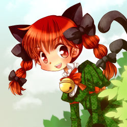 Rule 34 | 1girl, animal ears, bad id, bad pixiv id, bell, bent over, blush, bow, braid, cat ears, cat girl, cat tail, cloud, extra ears, female focus, hair bow, hiyopuko, kaenbyou rin, leaf, multiple tails, open mouth, outdoors, plant, red eyes, red hair, short hair, sky, smile, solo, tail, touhou, twin braids, twintails