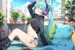 Rule 34 | 1girl, arm up, asami-chan, black jacket, black leg warmers, blue eyes, blue hair, blue nails, blurry, blurry foreground, commentary, cropped jacket, frilled panties, frills, from side, groin, hatsune miku, headphones, highres, indoors, jacket, leg tattoo, lens flare, long hair, long sleeves, midriff, nail polish, navel, panties, paw print, pillow, sitting, solo, stomach, tattoo, twintails, underwear, very long hair, vocaloid