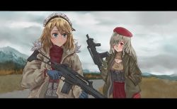 Rule 34 | 2girls, alternate costume, artist request, assault rifle, beret, breasts, cleavage, g36 (girls&#039; frontline), g36c (girls&#039; frontline), girls&#039; frontline, gloves, gun, h&amp;k g36, h&amp;k g36c, hat, highres, jacket, letterboxed, maid headdress, mountainous horizon, multiple girls, name connection, object namesake, rifle, siblings, sisters, trigger discipline, turtleneck, weapon