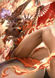 Rule 34 | 1girl, absurdres, breasts, covered eyes, dark-skinned female, dark skin, fire, from below, gauntlets, granblue fantasy, hand fan, helmet, highres, large breasts, revealing clothes, sitting, solo, thighs, twisted torso, xeno corow, zunta