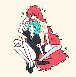 Rule 34 | 2others, androgynous, aqua eyes, aqua hair, bad id, bad twitter id, crystal hair, full body, gem uniform (houseki no kuni), hand in another&#039;s hair, houseki no kuni, long hair, looking at another, multiple others, necktie, open mouth, padparadscha (houseki no kuni), phosphophyllite, red eyes, red hair, short hair, simple background, sitting, sparkle, thighhighs, very long hair, wavy hair