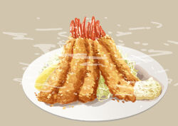 Rule 34 | food, food focus, grey background, highres, kaneko ryou, no humans, original, plate, seafood, shrimp, shrimp tempura, simple background, steam, still life, tempura