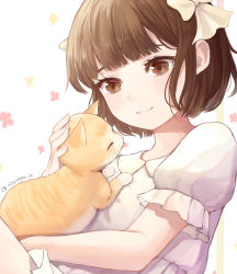Rule 34 | 1girl, animal, artist name, bad id, bad pixiv id, blunt bangs, blush, bow, brown eyes, brown hair, cat, cat tail, closed eyes, closed mouth, collared dress, commentary request, commission, dress, floral background, frilled sleeves, frills, hair bow, head tilt, knee up, looking at viewer, orange cat, original, peter pan collar, petting, pink dress, pleated sleeves, puffy short sleeves, puffy sleeves, short hair, short sleeves, sitting, smile, solo, soyubee, tail, tongue, tongue out, twitter username, upper body, whiskers, white background, white bow, white dress