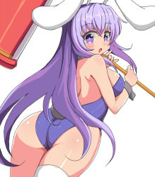 Rule 34 | 1girl, :o, animal ears, ass, bare arms, bare back, bare shoulders, breasts, fake animal ears, from behind, hair between eyes, hammer, leotard, long hair, looking at viewer, looking back, medium breasts, naitou kouse, playboy bunny, purple eyes, purple hair, purple leotard, rabbit ears, rabbit girl, rabbit tail, rabi-ribi, simple background, single thighhigh, solo, tail, thighhighs, very long hair, white background, white thighhighs, wrist cuffs