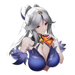 Rule 34 | 1girl, absurdres, amber (gemstone), breasts, brooch, cleavage, closed mouth, cropped torso, dress, elbow gloves, gem, genshin impact, gloves, highres, holding, jewelry, large breasts, lipstick, long hair, looking at viewer, makeup, mole, mole under eye, ningguang (genshin impact), ningguang (orchid&#039;s evening gown) (genshin impact), official alternate costume, pink lips, ponytail, purple dress, red eyes, sidelocks, silver hair, smile, solo, upper body, white gloves