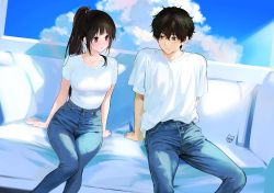 Rule 34 | 1boy, 1girl, alternate costume, alternate hairstyle, arm support, artist logo, artist name, black hair, blouse, breasts, brown hair, chitanda eru, cloud, collarbone, couch, day, denim, green eyes, highres, hyouka, jeans, large breasts, long hair, looking at another, mery (yangmalgage), oreki houtarou, outdoors, pants, parted lips, ponytail, shirt, shirt tucked in, short hair, short sleeves, sitting, white shirt