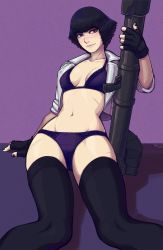 Rule 34 | 1girl, 2019, absurdres, artist name, bazooka, black gloves, black hair, black nails, black thighhighs, blue eyes, bow, bow panties, bra, breasts, capcom, collarbone, commentary, cropped jacket, devil may cry (series), devil may cry 5, electronic firearm, english commentary, fingerless gloves, gloves, groin, heterochromia, highres, ittla, jacket, kalina ann (weapon), lady (devil may cry), looking at viewer, m20 super bazooka, man-portable anti-tank systems, medium breasts, nail polish, navel, open clothes, open jacket, panties, purple background, purple bra, purple panties, red eyes, rocket launcher, scar, scar on face, scar on nose, short hair, smile, solo, stomach, thighhighs, underwear, weapon, white jacket