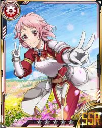 Rule 34 | 10s, 1girl, armor, breastplate, card (medium), day, double v, field, flower, flower field, gloves, hair ornament, hairclip, leg up, lisbeth (sao), lisbeth (sao-alo), looking at viewer, outdoors, pauldrons, pink eyes, pink hair, pointy ears, short hair, shoulder armor, smile, solo, star (symbol), sword art online, v, white gloves