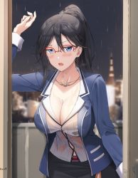 Rule 34 | 1girl, arm up, black hair, blazer, blue eyes, blue jacket, breasts, button gap, cleavage, collarbone, collared shirt, cowboy shot, earrings, fire emblem, glasses, highres, jacket, jewelry, keenh, large breasts, long hair, long sleeves, looking at viewer, mole, mole under eye, necklace, nintendo, open clothes, open jacket, open mouth, over-rim eyewear, ponytail, red-framed eyewear, semi-rimless eyewear, shimazaki maiko, shirt, solo, tokyo mirage sessions fe, wet, wet clothes, wet shirt, white shirt