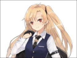 Rule 34 | aiming, aiming at viewer, animated, animated gif, azur lane, black necktie, blonde hair, buttoned cuffs, buttons, cleveland (azur lane), cleveland (gentry knight) (azur lane), coat, collared shirt, formal, looking at viewer, lowres, necktie, one eye closed, red eyes, shirt, side ponytail, smile, solo, suit, vest