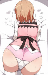 Rule 34 | 1girl, absurdres, all fours, ass, back bow, bed sheet, bow, cameltoe, commentary request, facing away, from behind, gochuumon wa usagi desu ka?, highres, hoto cocoa, long sleeves, orange hair, panties, partially visible vulva, pink panties, pink vest, rabbit house uniform, riyo (aokiwazumi), shirt, short hair, solo, sweat, thighhighs, thighs, underwear, vest, white shirt, white thighhighs