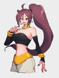 Rule 34 | 1girl, :d, ahoge, alternate hairstyle, android 21, bare shoulders, black nails, blue eyes, breasts, choker, cleavage, collarbone, dragon ball, dragon ball fighterz, earrings, hair between eyes, hoop earrings, jewelry, kemachiku, long hair, looking at viewer, majin android 21, medium breasts, midriff, nail polish, navel, open mouth, ponytail, red hair, smile, solo, teeth, upper teeth only, yellow choker