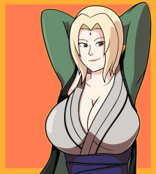 Rule 34 | 1girl, absurdres, blonde hair, blue sky, blush, breasts, brown eyes, cleavage, cloud, coat, curvy, female focus, forehead, highres, huge breasts, japanese clothes, kimono, lipstick, long hair, looking at viewer, makeup, nail polish, naruto, naruto (series), naruto shippuuden, open clothes, sky, solo, tsunade (naruto), upper body