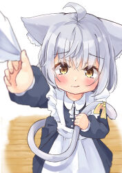 Rule 34 | 1girl, animal ear fluff, animal ears, apron, black dress, blurry, cat ears, cat girl, cat tail, child, clothes grab, depth of field, dress, grey hair, highres, holding own tail, maid, maid apron, manabe mana, original, photoshop (medium), tail, white apron, yellow eyes