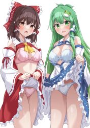 Rule 34 | 2girls, absurdres, ascot, bare shoulders, blue skirt, blush, bow, bra, brown eyes, brown hair, clothes lift, detached sleeves, frilled skirt, frills, green eyes, green hair, hair between eyes, hair bow, hair tubes, hakurei reimu, highres, japanese clothes, kochiya sanae, lifting own clothes, long hair, multiple girls, nontraditional miko, open mouth, panties, pink bra, pink panties, ramie (ramie541), red bow, red skirt, ribbon-trimmed sleeves, ribbon trim, sidelocks, simple background, skirt, skirt lift, touhou, underwear, white background, white bra, white panties, white sleeves, wide sleeves, yellow ascot