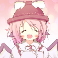 Rule 34 | 1girl, :d, ^ ^, blush stickers, boxinhev, chibi, close-up, closed eyes, fang, female focus, happy, hat, mystia lorelei, open mouth, pink hair, smile, solo, touhou