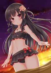 Rule 34 | :o, bikini, black bikini, black hair, blunt bangs, blush, bow, breasts, cowboy shot, evening, floating hair, flower, frilled bikini, frills, from below, hachiroku (maitetsu), hair flower, hair ornament, hair rings, jewelry, long hair, maitetsu, navel, necklace, outstretched arms, partially submerged, red bow, red eyes, sky, small breasts, standing, sunset, swimsuit, yuzuki yuki (another yuki)