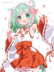 Rule 34 | 1girl, :d, absurdres, adapted uniform, animal ear fluff, animal ears, armpits, artist name, cat ears, cat girl, cat tail, cherry blossoms, clenched hand, cowboy shot, detached sleeves, dot nose, fang, flower, green eyes, green hair, green nails, hair flower, hair ornament, hairclip, hands up, hazakura hinata, highres, japanese clothes, looking at viewer, medium hair, miko, nail polish, open mouth, original, paw pose, red skirt, ribbon-trimmed sleeves, ribbon trim, simple background, skin fang, skirt, smile, solo, tail, thighhighs, variant set, white background, white thighhighs, wide sleeves