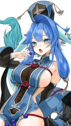 Rule 34 | 1girl, blue eyes, blue hair, breasts, chinese clothes, clothing request, dragon girl, dragon tail, fang, gotou (nekocat), highres, large breasts, long hair, long sleeves, nail polish, open mouth, original, pointy ears, solo, tail, tongue, tongue out, white background