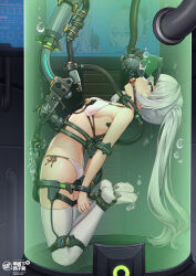Rule 34 | 1girl, arched back, ball gag, blue eyes, breasts, bronya zaychik, bubble, cable, commentary request, feet, gag, gagged, grey hair, highres, honkai (series), honkai impact 3rd, legs, long hair, mobius (honkai impact), no shoes, restrained, sex machine, side ponytail, small breasts, soles, stasis tank, stationary restraints, submerged, theresa apocalypse, thighhighs, toes, tube, underwater, wiffle gag, yiduan zhu