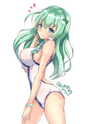 Rule 34 | 1girl, adapted costume, competition swimsuit, covered erect nipples, cowboy shot, frog, frog hair ornament, green eyes, green hair, hair between eyes, hair ornament, hair tubes, highres, kochiya sanae, kuga zankurou, long hair, looking at viewer, one-piece swimsuit, signature, simple background, snake, snake hair ornament, solo, swimsuit, touhou, twitter username, white background, white one-piece swimsuit